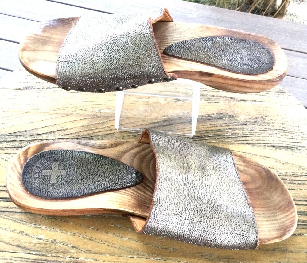 Fiorentini + Baker Slides Size 6 Wooden Sandals Gold Bronze Metallic Leather